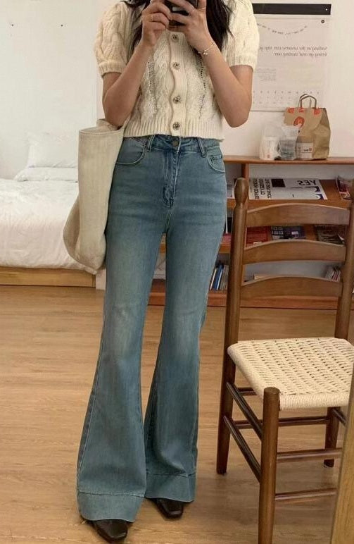 High-waisted, High-elastic, Slim-fitting, Brushed-color, Split-flared Jeans