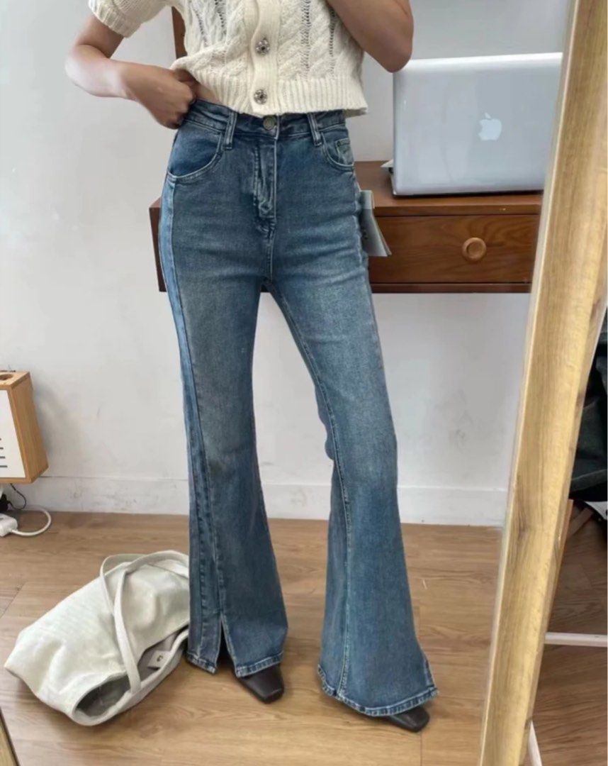 High-waisted, High-elastic, Slim-fitting, Brushed-color, Split-flared Jeans