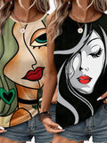2pcs Summer Abstract Face Printed Round Neck Tank Top
