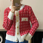 Round Neck Plaid Knitwear Cardigan Gentle Women's Coat