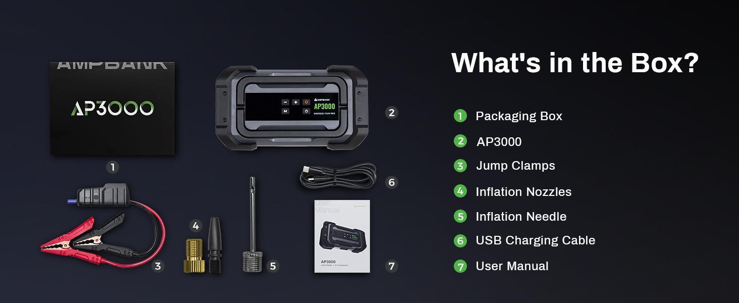 3000A Portable Car Emergency Starter Power Supply With Inflator Function 150PSI Digital Tire Inflator 12V Car Battery Charger With LED Lighting LCD Display