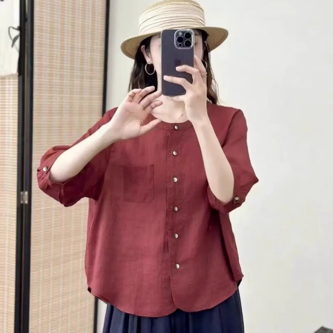 All-matching Western Style Cotton And Linen Short Sleeve Shirt